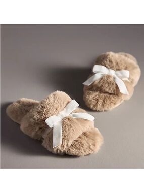 NWT Anthropologie Maeve Faux-Fur Open-Toe Bow Slippers Taupe Size S 6/7